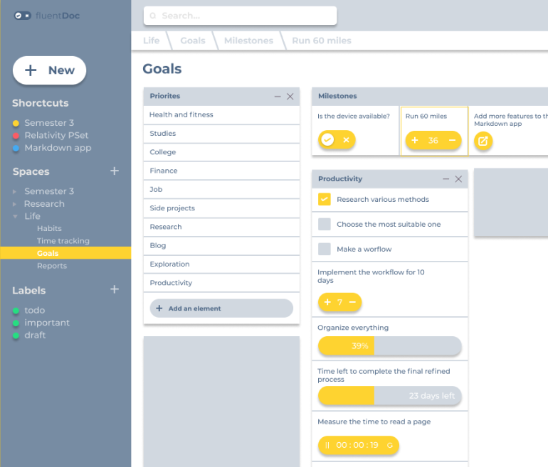 A preview screenshot of FluentDoc with elements arranged in rows and coulumns in a board, a navigation sidebar, and a header with a search field.